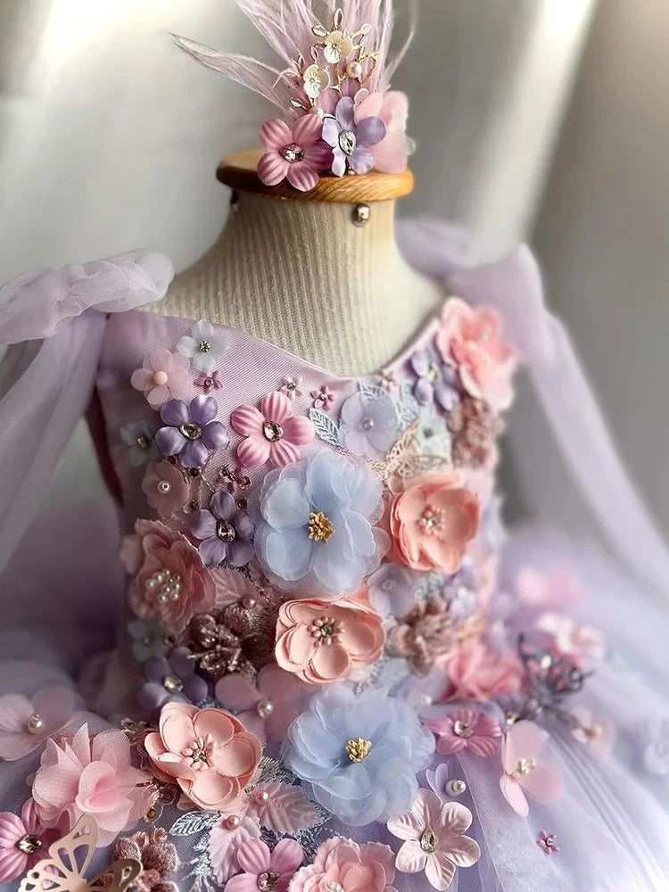 Girl's Princess  Lolita gauze Dress Embroidered Flower Pearl Strap Fluffy Dress Carnival Birthday Party Performance Clothing Leedoar