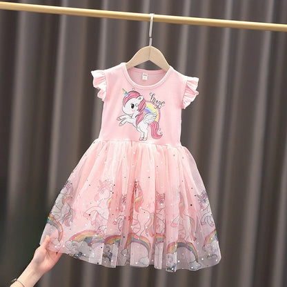 Girl's Short Sleeved Mesh Children's Unicorn Dress Princess Festival Party Clothing Leedoar