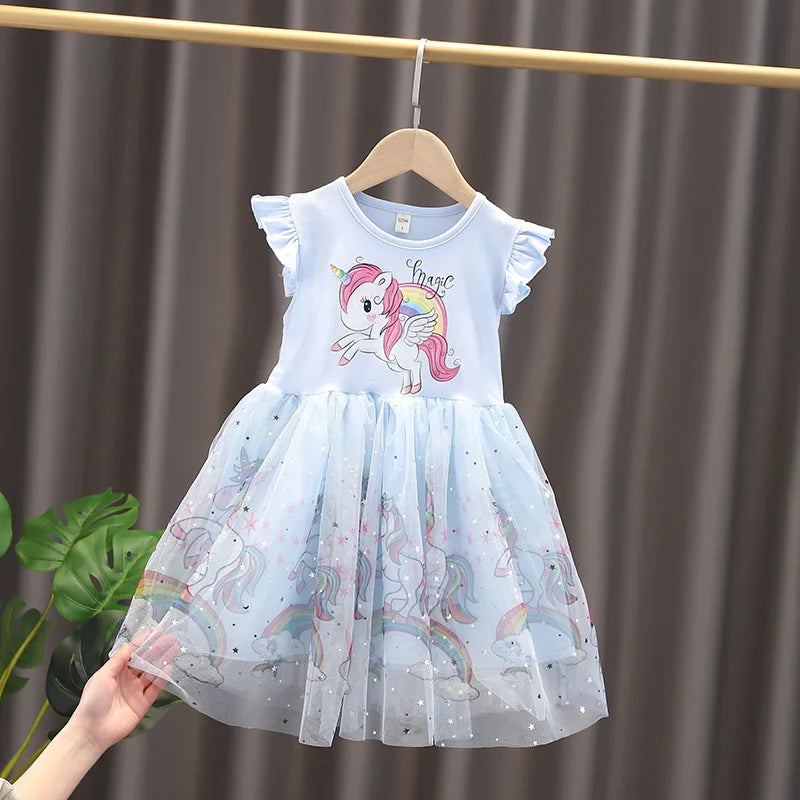 Girl's Short Sleeved Mesh Children's Unicorn Dress Princess Festival Party Clothing Leedoar