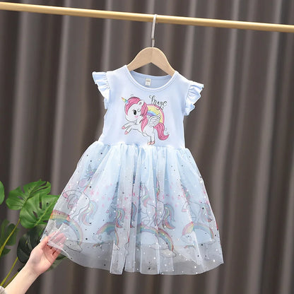 Girl's Short Sleeved Mesh Children's Unicorn Dress Princess Festival Party Clothing Leedoar