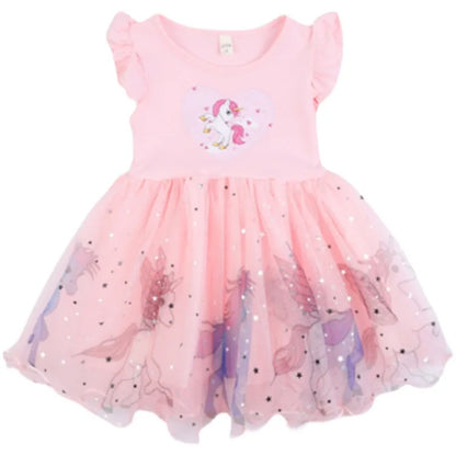 Girl's Short Sleeved Mesh Children's Unicorn Dress Princess Festival Party Clothing Leedoar