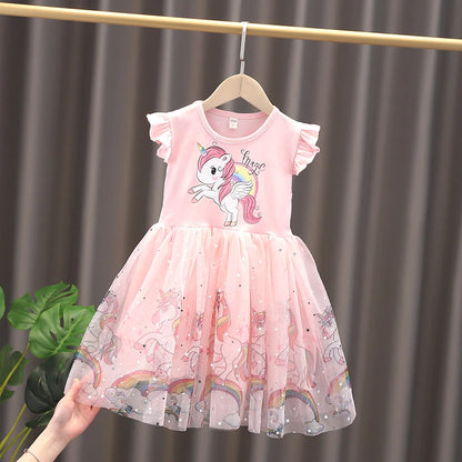 Girl's Short Sleeved Mesh Children's Unicorn Dress Princess Festival Party Clothing Leedoar