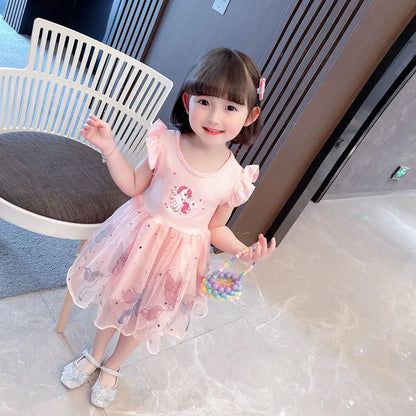 Girl's Short Sleeved Mesh Children's Unicorn Dress Princess Festival Party Clothing Leedoar