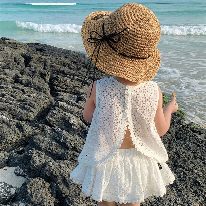 Girls 2024 Summer Clothing Sets Hollow Lace Suit Baby Casual Sleeveless T-shirt+Shorts Kids Clothing Sets Baby Clothes Outfits Leedoar