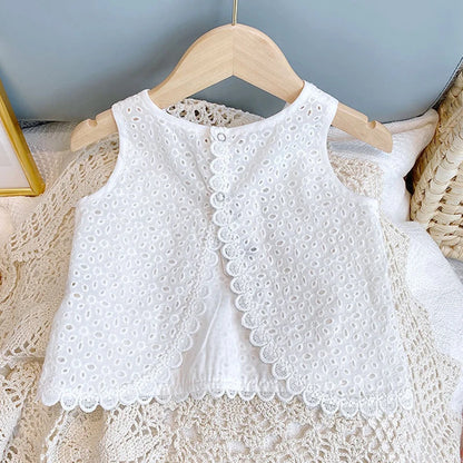 Girls 2024 Summer Clothing Sets Hollow Lace Suit Baby Casual Sleeveless T-shirt+Shorts Kids Clothing Sets Baby Clothes Outfits Leedoar