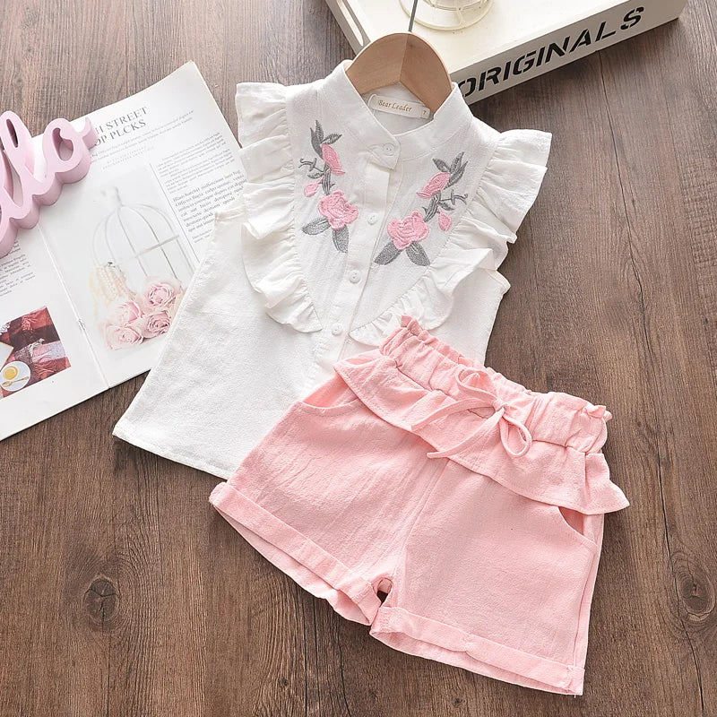 Girls' Clothing Set 2023 Summer New Casual Children's Embroidered Sleeveless Shirt+Shorts Set Girls' Baby Clothing Leedoar