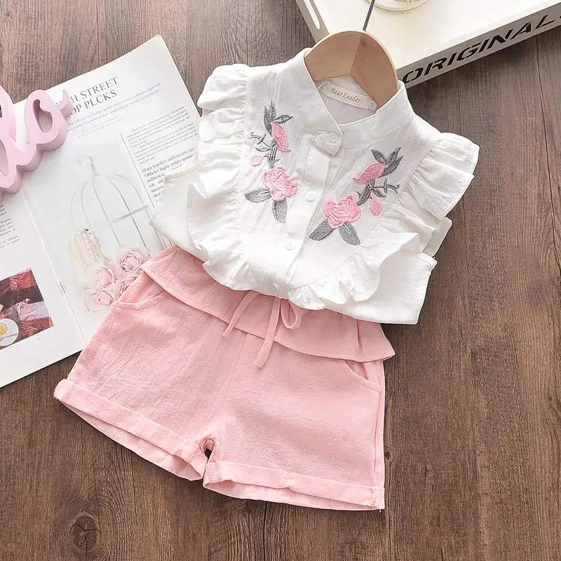 Girls' Clothing Set 2023 Summer New Casual Children's Embroidered Sleeveless Shirt+Shorts Set Girls' Baby Clothing Leedoar