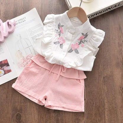 Girls' Clothing Set 2023 Summer New Casual Children's Embroidered Sleeveless Shirt+Shorts Set Girls' Baby Clothing Leedoar