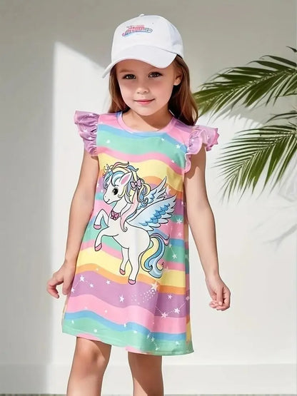 Girls Dress Summer New Baby Fashion Cute T-shirt Dress Children's Fashionable Small Flying Sleeve A- Line Dress Leedoar