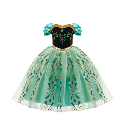 Girls Ice Green Princess Dress Kids Embroidered Flower Party Costume Satin and Mesh Material Short Sleeve Mid-Length For Beauty Leedoar