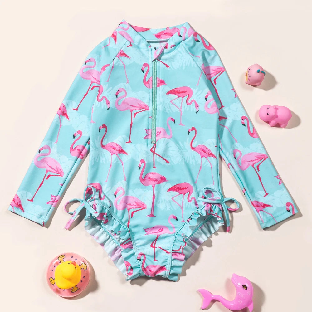 Girls Long Sleeve Flamingo Swimwear Summer Beach Bathing Suit One Piece Swimsuit Swimming Costumes for Children Leedoar