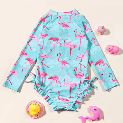 Girls Long Sleeve Flamingo Swimwear Summer Beach Bathing Suit One Piece Swimsuit Swimming Costumes for Children Leedoar