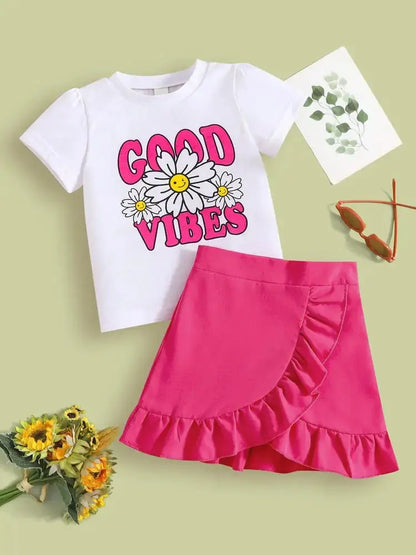 Girls Skirt Set Summer New Baby Girl Cute Letter Mesh Neck T-Shirt & Solid Color Lace Skirt Fashion 2-piece Set for Kids Leedoar