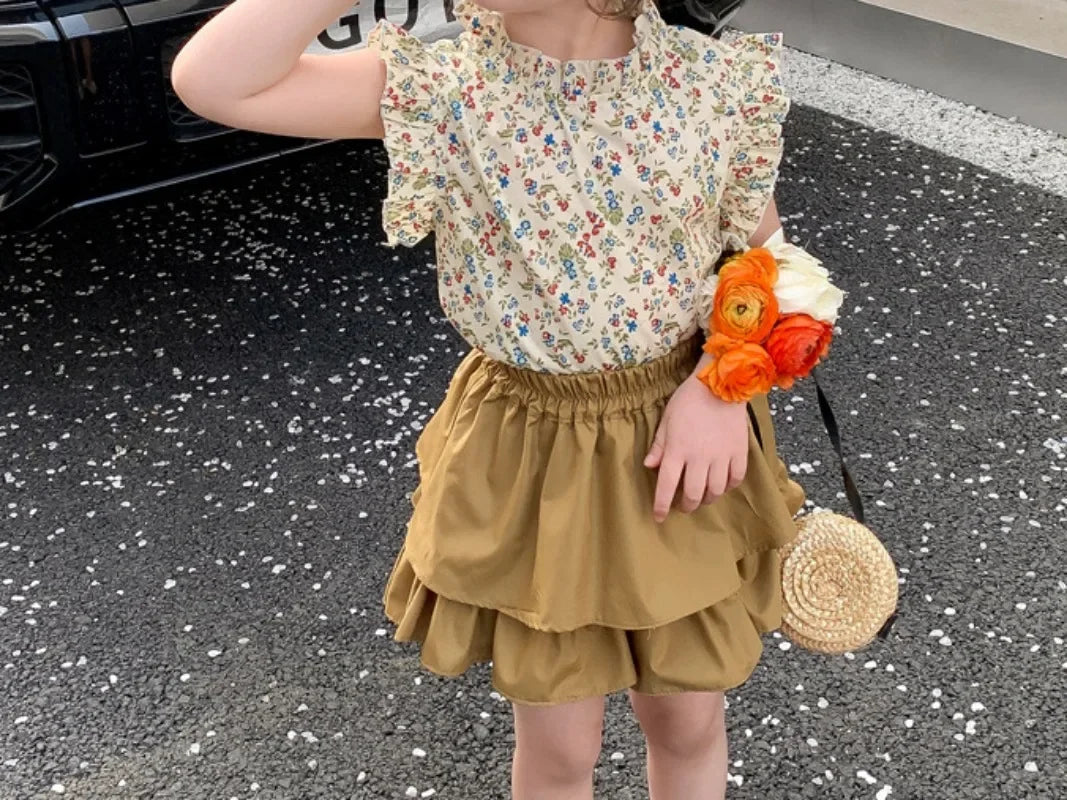 Girls' Suit Summer 2024 New Children's Summer Dress Baby Girl Fashionable Children's Top+Skirt Two-Piece Set Leedoar