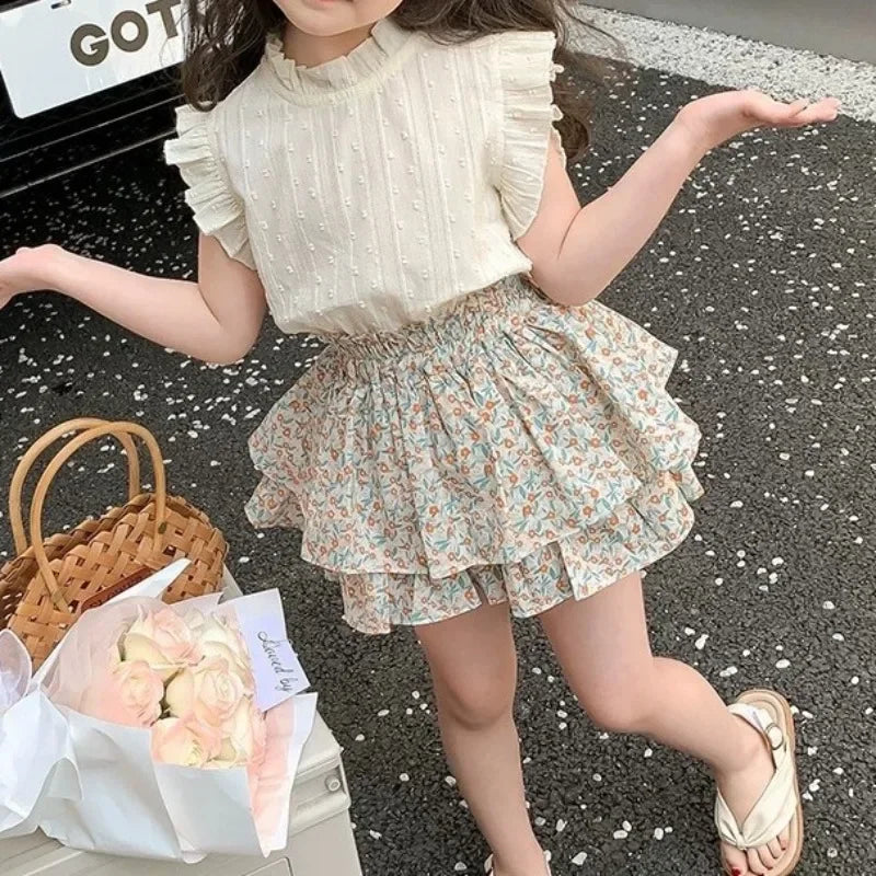 Girls' Suit Summer 2024 New Children's Summer Dress Baby Girl Fashionable Children's Top+Skirt Two-Piece Set Leedoar