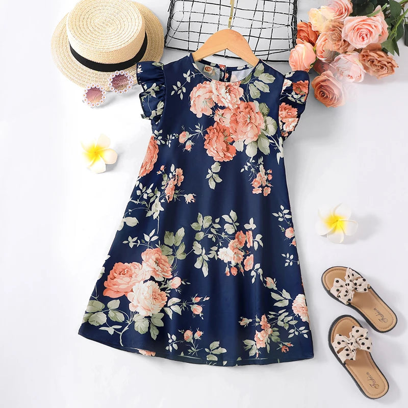 Girls Summer Fashion Thin Holiday Leisure Sleeveless Fragmented Flower Print Dress Comfortable Skirt Children's Clothing Leedoar