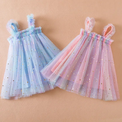 Girls Suspender Mesh Curled Princess Baby Dress Rainbow Festival Stars Dress Casual Girls Clothes 1-5Y Leedoar