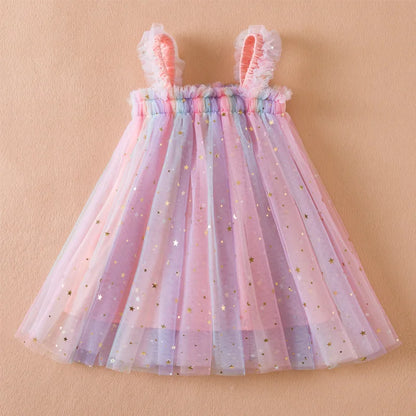 Girls Suspender Mesh Curled Princess Baby Dress Rainbow Festival Stars Dress Casual Girls Clothes 1-5Y Leedoar