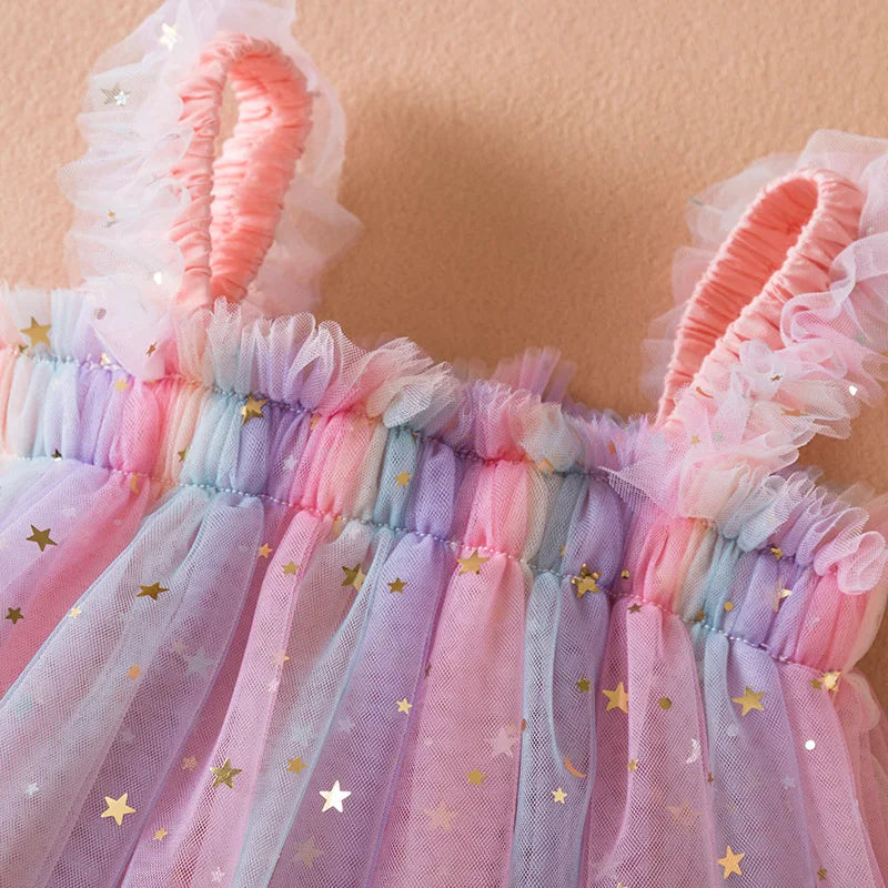 Girls Suspender Mesh Curled Princess Baby Dress Rainbow Festival Stars Dress Casual Girls Clothes 1-5Y Leedoar