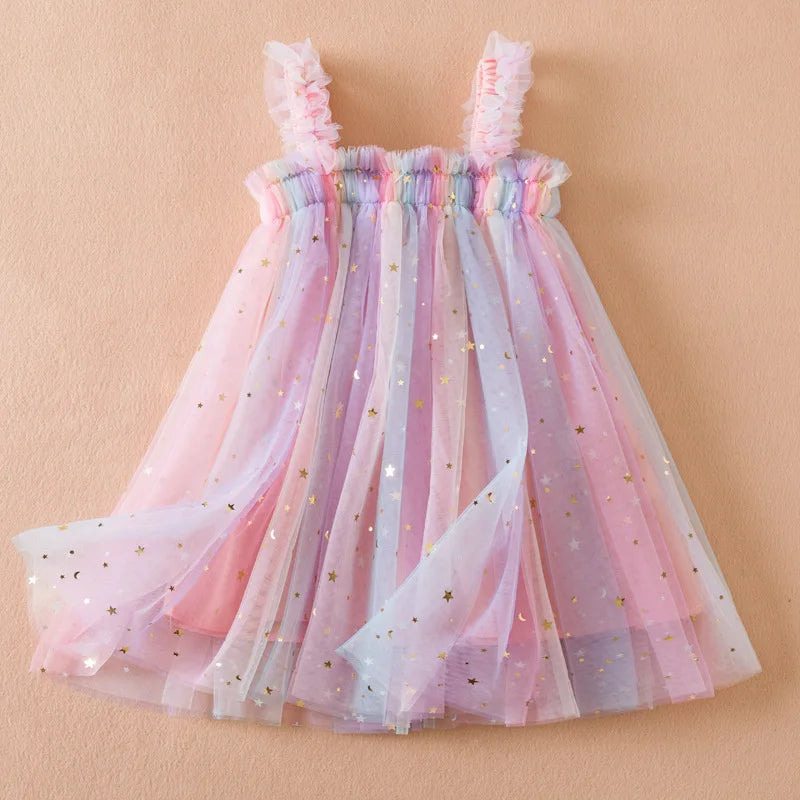 Girls Suspender Mesh Curled Princess Baby Dress Rainbow Festival Stars Dress Casual Girls Clothes 1-5Y Leedoar