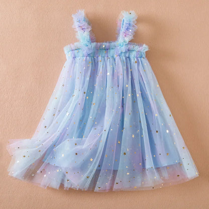 Girls Suspender Mesh Curled Princess Baby Dress Rainbow Festival Stars Dress Casual Girls Clothes 1-5Y Leedoar