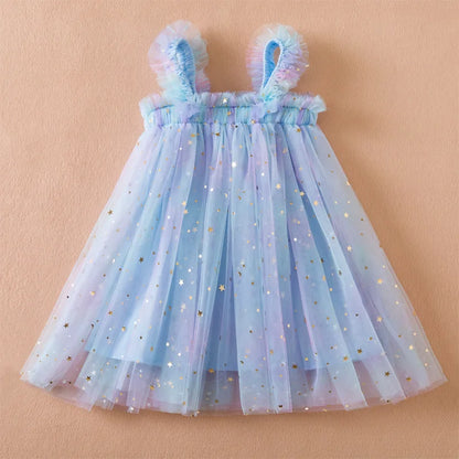 Girls Suspender Mesh Curled Princess Baby Dress Rainbow Festival Stars Dress Casual Girls Clothes 1-5Y Leedoar