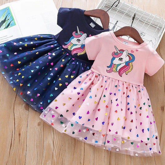 Girls Unicorn Short Sleeve Round Neck Cute Gauze Dress Holiday Casual Children's Clothing. Leedoar