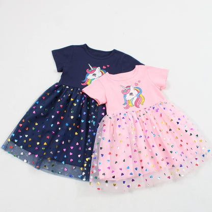 Girls Unicorn Short Sleeve Round Neck Cute Gauze Dress Holiday Casual Children's Clothing. Leedoar