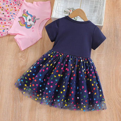 Girls Unicorn Short Sleeve Round Neck Cute Gauze Dress Holiday Casual Children's Clothing. Leedoar