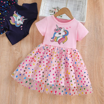 Girls Unicorn Short Sleeve Round Neck Cute Gauze Dress Holiday Casual Children's Clothing. Leedoar