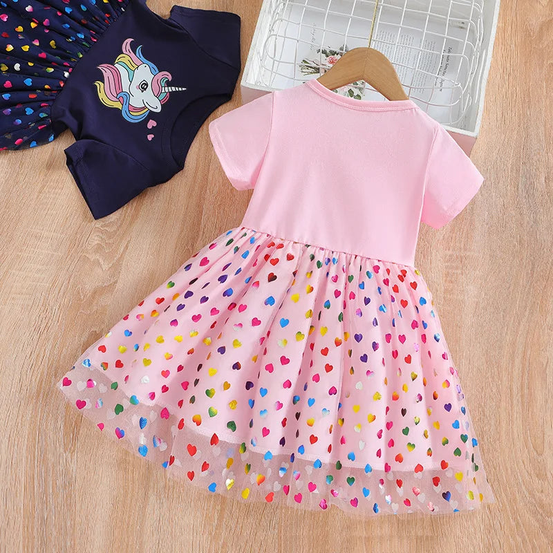 Girls Unicorn Short Sleeve Round Neck Cute Gauze Dress Holiday Casual Children's Clothing. Leedoar