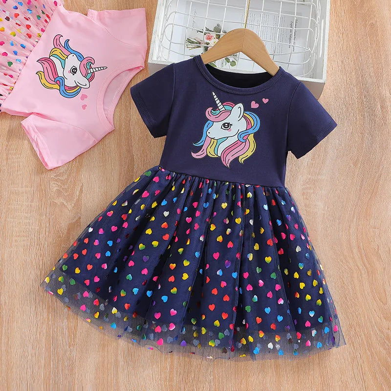 Girls Unicorn Short Sleeve Round Neck Cute Gauze Dress Holiday Casual Children's Clothing. Leedoar