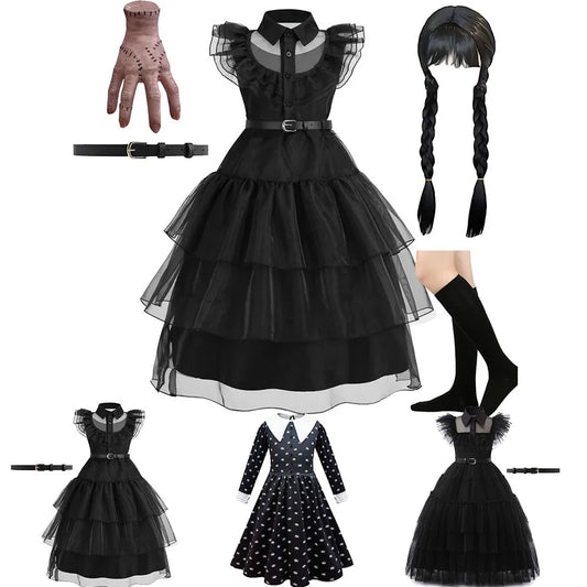 Girls Wednesday Dress Children Addams Halloween Black Family Clothes Kids Dancing Cosplay Costume Princess Christmas Fantasy Leedoar