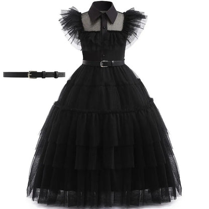 Girls Wednesday Dress Children Addams Halloween Black Family Clothes Kids Dancing Cosplay Costume Princess Christmas Fantasy Leedoar