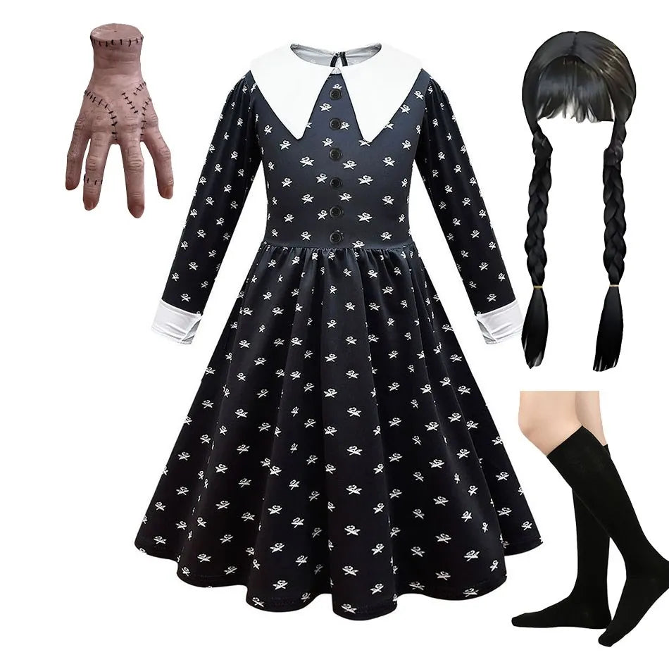 Girls Wednesday Dress Children Addams Halloween Black Family Clothes Kids Dancing Cosplay Costume Princess Christmas Fantasy Leedoar