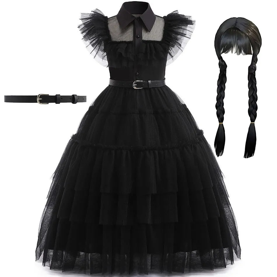 Girls Wednesday Dress Children Addams Halloween Black Family Clothes Kids Dancing Cosplay Costume Princess Christmas Fantasy Leedoar