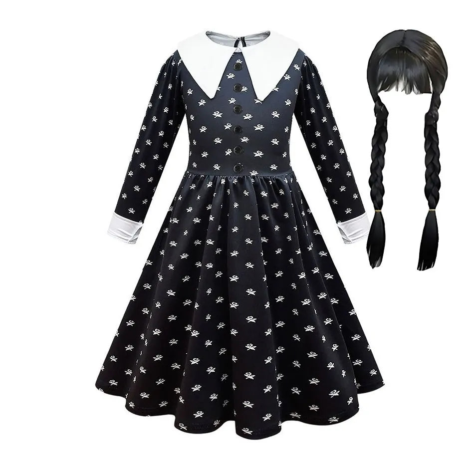 Girls Wednesday Dress Children Addams Halloween Black Family Clothes Kids Dancing Cosplay Costume Princess Christmas Fantasy Leedoar