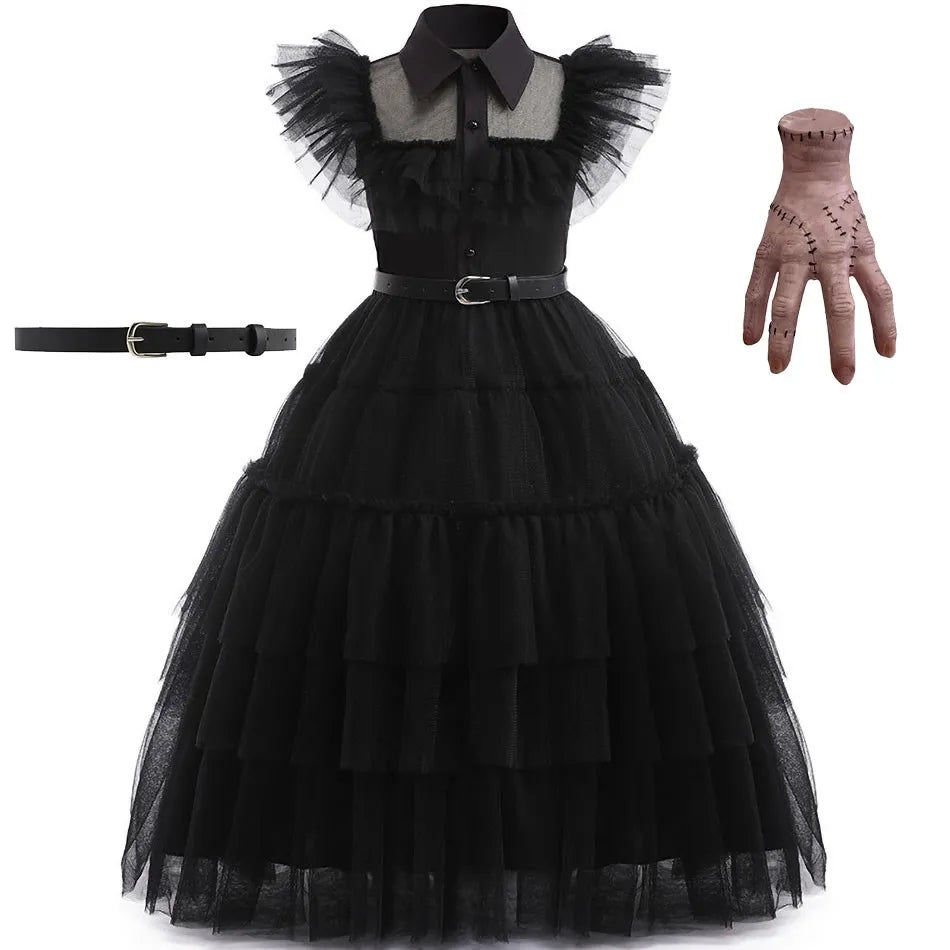 Girls Wednesday Dress Children Addams Halloween Black Family Clothes Kids Dancing Cosplay Costume Princess Christmas Fantasy Leedoar