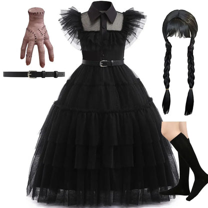 Girls Wednesday Dress Children Addams Halloween Black Family Clothes Kids Dancing Cosplay Costume Princess Christmas Fantasy Leedoar