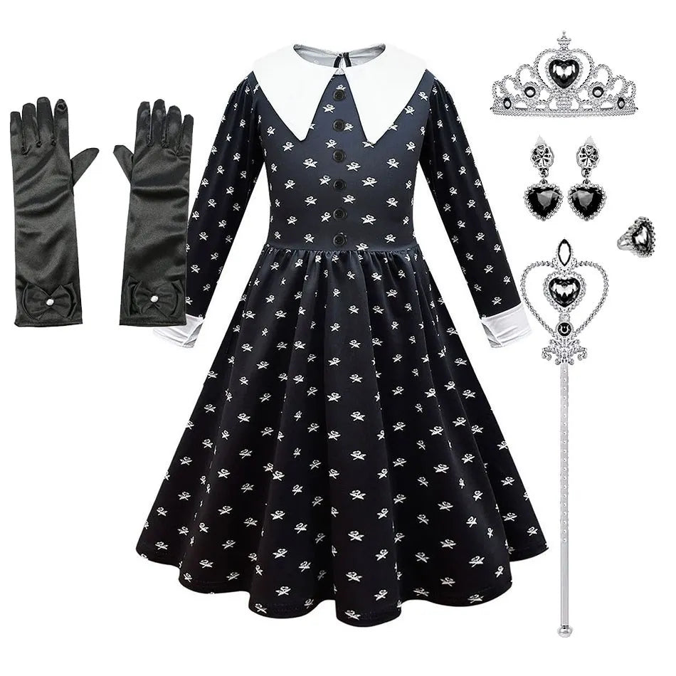 Girls Wednesday Dress Children Addams Halloween Black Family Clothes Kids Dancing Cosplay Costume Princess Christmas Fantasy Leedoar