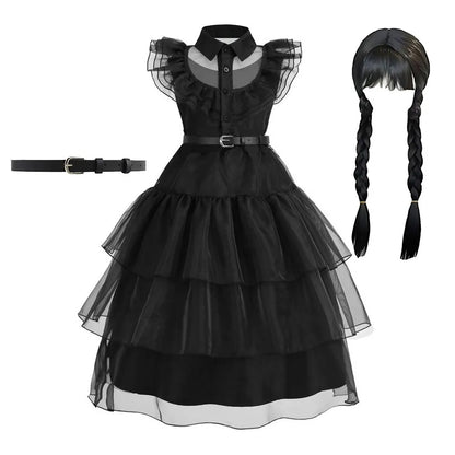 Girls Wednesday Dress Children Addams Halloween Black Family Clothes Kids Dancing Cosplay Costume Princess Christmas Fantasy Leedoar