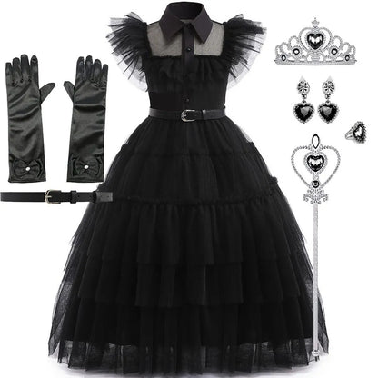 Girls Wednesday Dress Children Addams Halloween Black Family Clothes Kids Dancing Cosplay Costume Princess Christmas Fantasy Leedoar