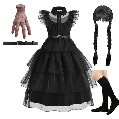 Girls Wednesday Dress Children Addams Halloween Black Family Clothes Kids Dancing Cosplay Costume Princess Christmas Fantasy Leedoar