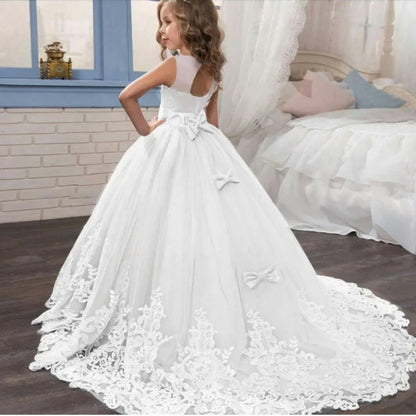 Girls White Wedding Party Prom Tailing Dresses for 6-14 Years Flower Elegant Teenage Bridesmaid Pageant Dress Kids Birthday Gown Leedoar