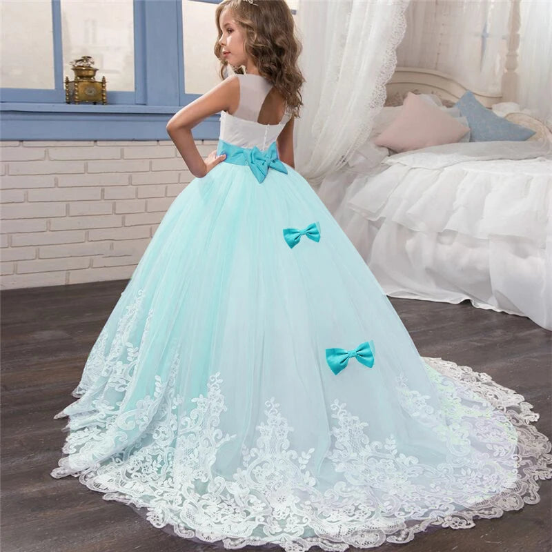 Girls White Wedding Party Prom Tailing Dresses for 6-14 Years Flower Elegant Teenage Bridesmaid Pageant Dress Kids Birthday Gown Leedoar