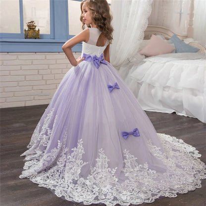 Girls White Wedding Party Prom Tailing Dresses for 6-14 Years Flower Elegant Teenage Bridesmaid Pageant Dress Kids Birthday Gown Leedoar