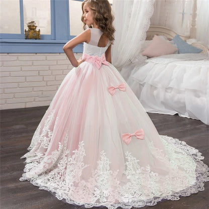 Girls White Wedding Party Prom Tailing Dresses for 6-14 Years Flower Elegant Teenage Bridesmaid Pageant Dress Kids Birthday Gown Leedoar