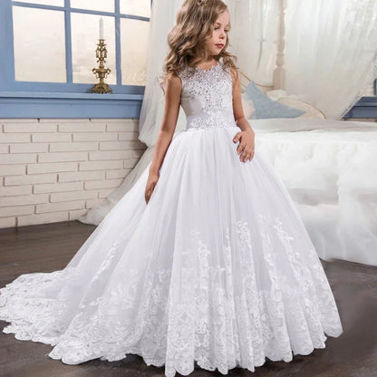 Girls White Wedding Party Prom Tailing Dresses for 6-14 Years Flower Elegant Teenage Bridesmaid Pageant Dress Kids Birthday Gown Leedoar