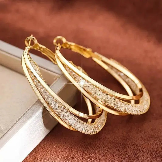 Gold Color Crystal Stone Hoop Earrings Twisted Metal Shape Silver Plating New Fashion Women Earrings Party Jewelry Birthday Gift Leedoar