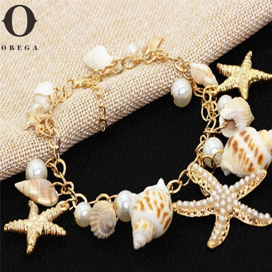 Pulsera de mujer con dije de estrella de mar y caracola de metal de color dorado, pulsera de verano con perlas de imitación y caracola natural, joyería de moda Y2K